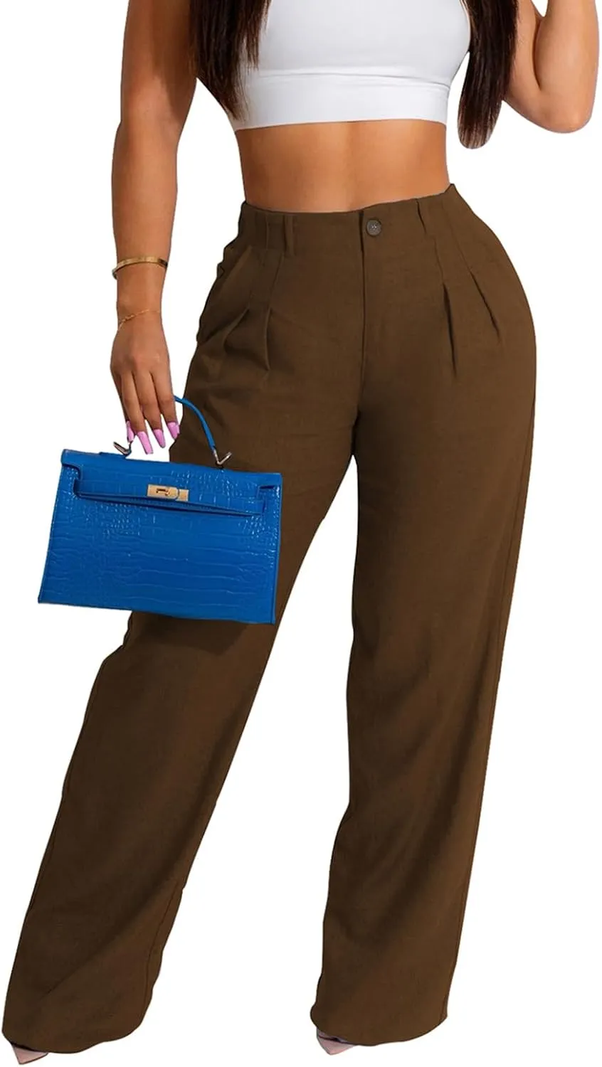 Women's High Waist Linen Pants Summer Straight Leg Long Linen Trousers with Pockets