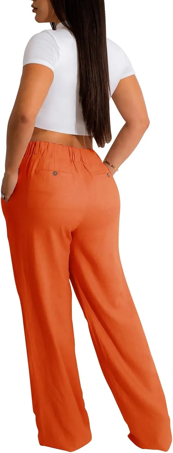 Women's High Waist Linen Pants Summer Straight Leg Long Linen Trousers with Pockets