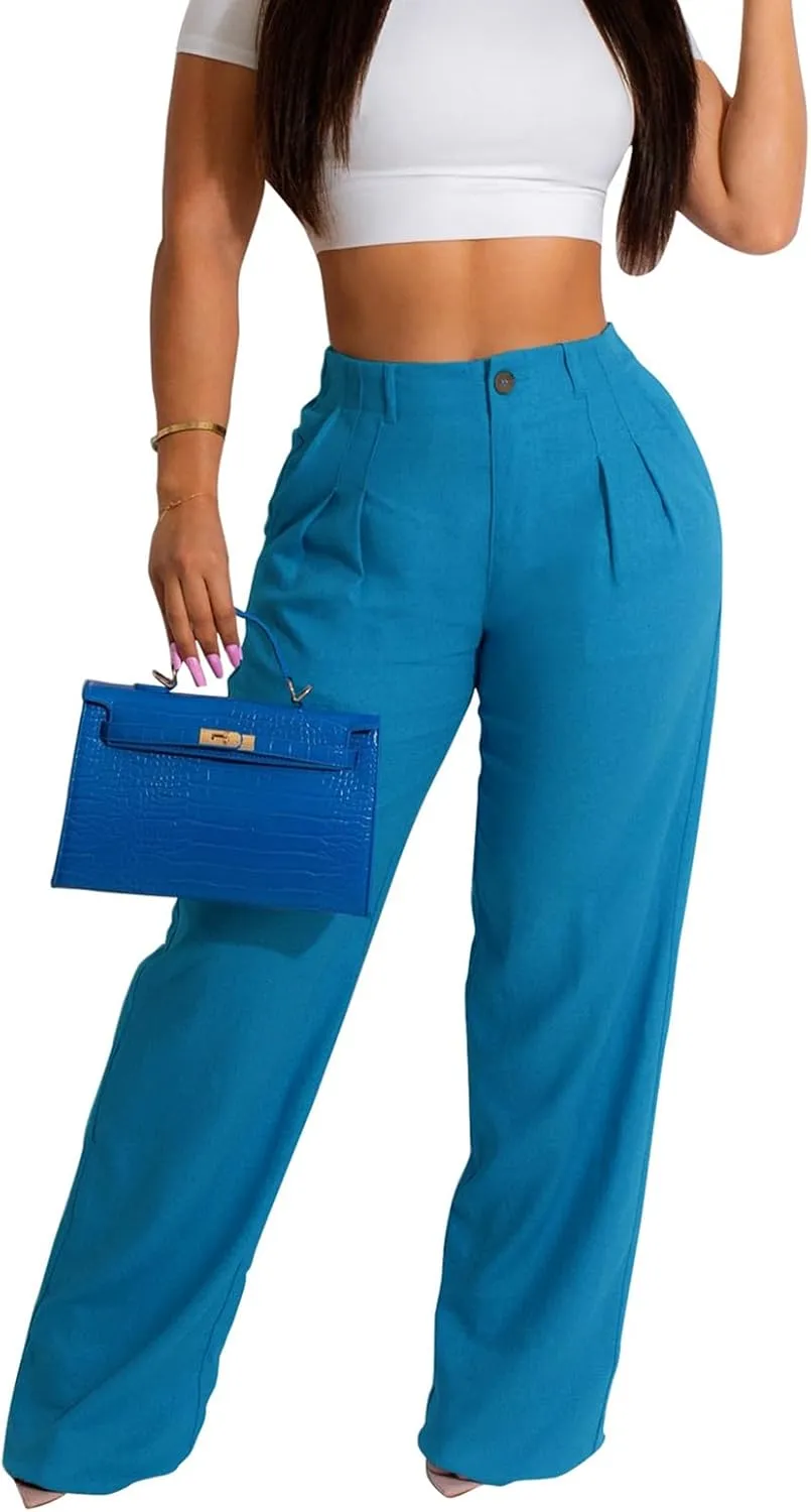 Women's High Waist Linen Pants Summer Straight Leg Long Linen Trousers with Pockets