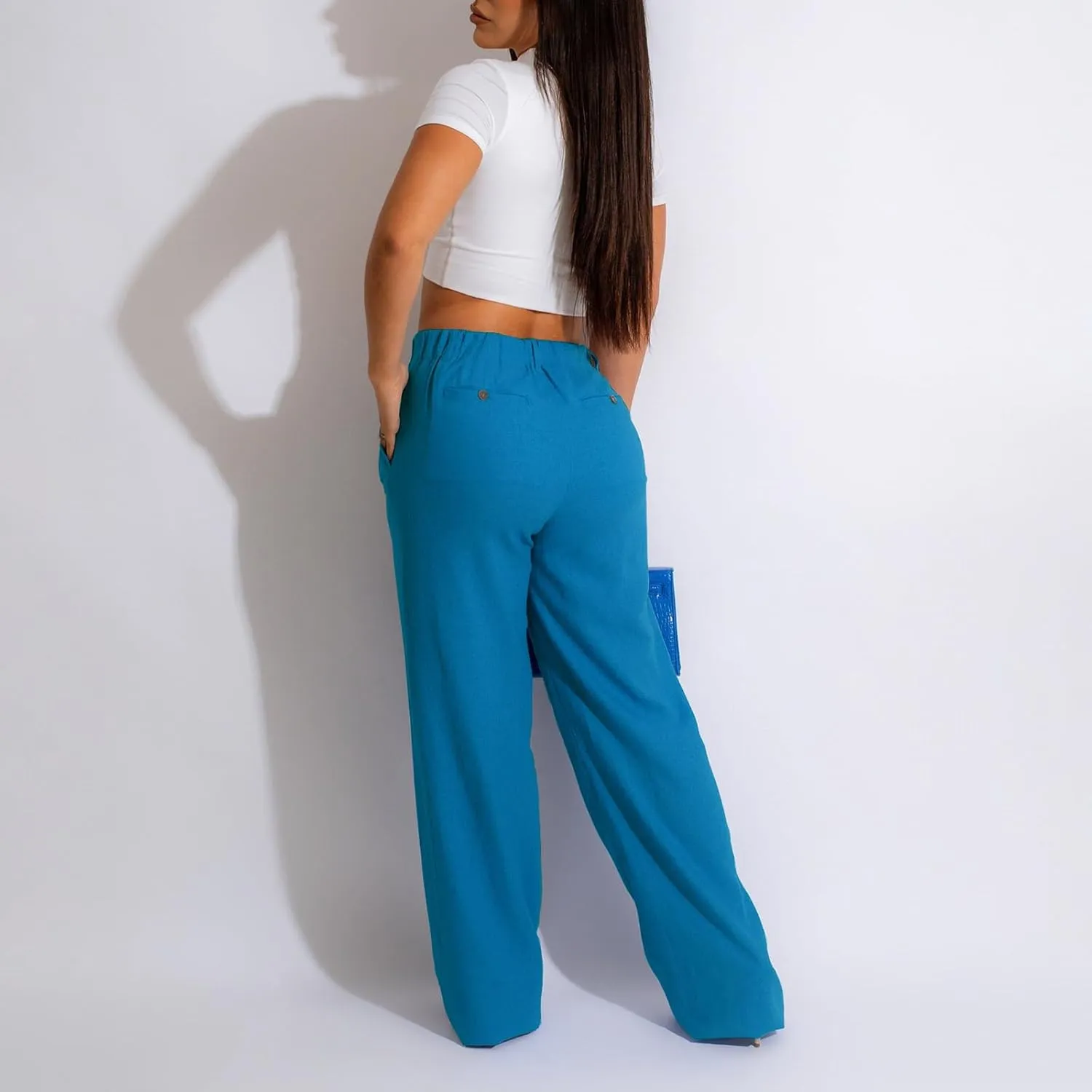 Women's High Waist Linen Pants Summer Straight Leg Long Linen Trousers with Pockets