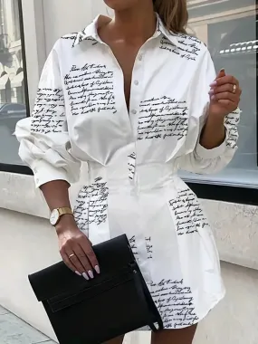 Women's Letter Print Button Down Collar Mini Dress / White
