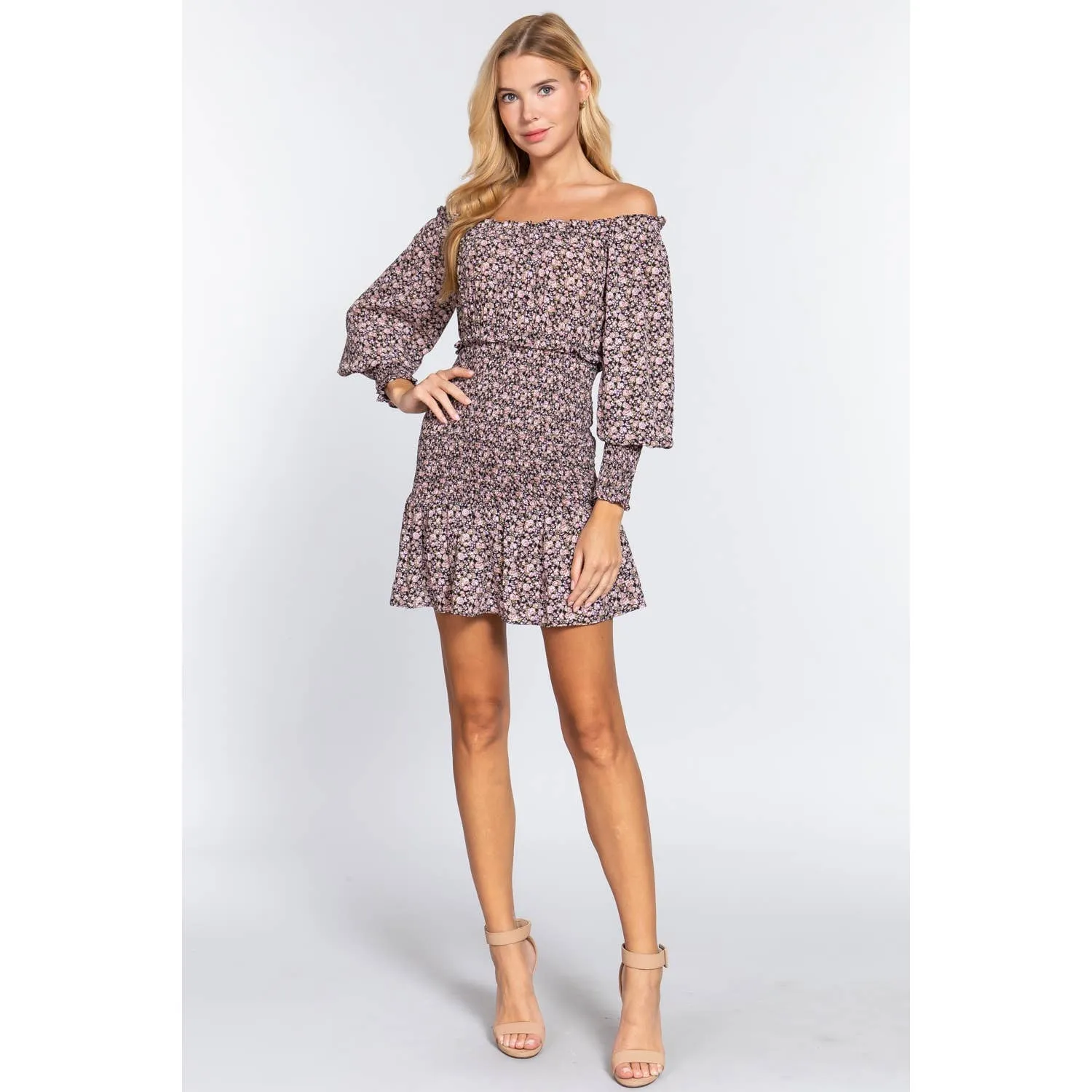 Women's Off the Shoulder Smocked Floral Print Mini Dress