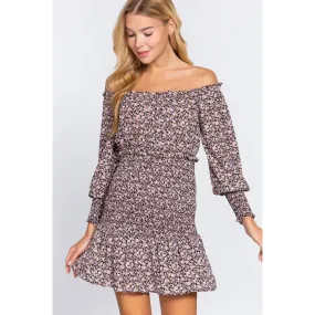 Women's Off the Shoulder Smocked Floral Print Mini Dress