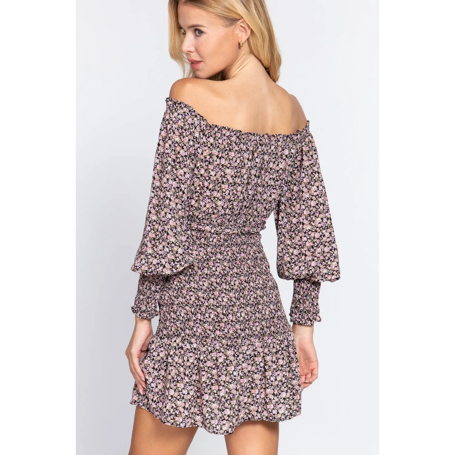 Women's Off the Shoulder Smocked Floral Print Mini Dress