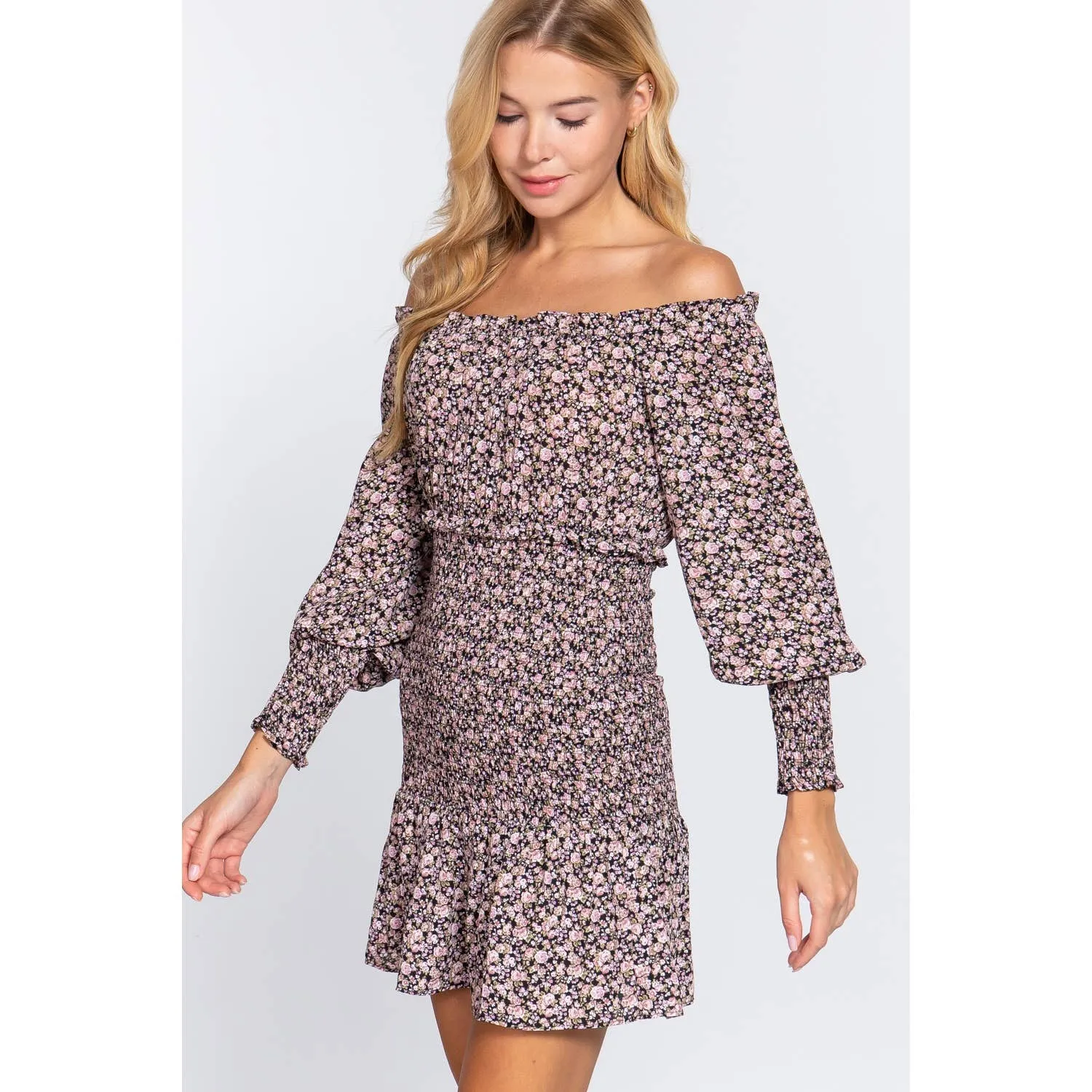 Women's Off the Shoulder Smocked Floral Print Mini Dress