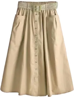 Women's Stretchy High Waist Button A-Line Skirt Fluttering Casual Summer Bohemian Holiday Beach Midi Skirt