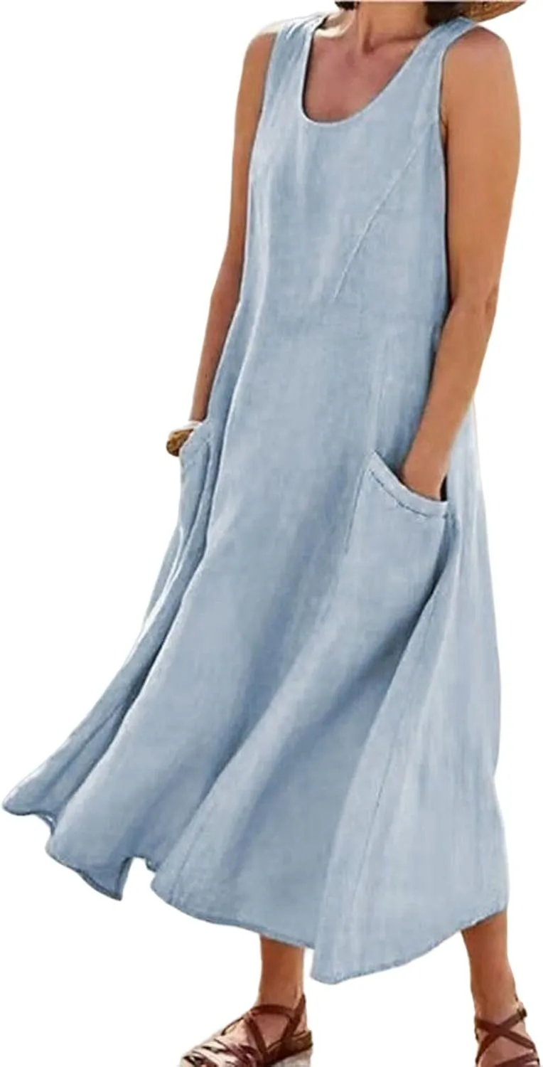Women's Summer Cotton Linen Sleeveless Tank Long Dress Elegant Flowy Dresses Baggy Loose Solid Flowy Dresses Pockets