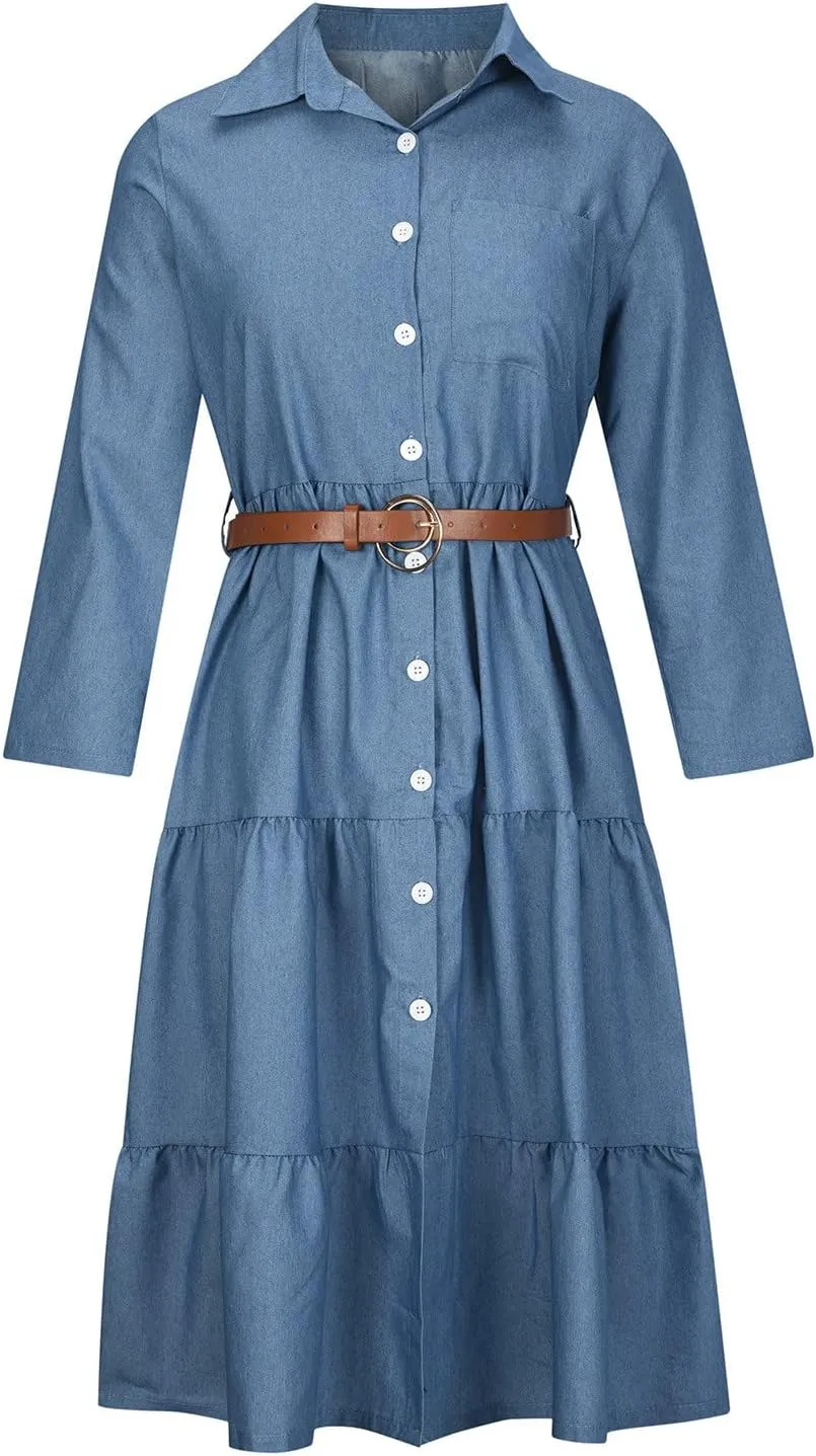 Women's Summer Fall Midi Denim Dresses Long Sleeve Casual Button Dwon Shirt Dress Tiered Ruffle Chic Flowy Jean Dress