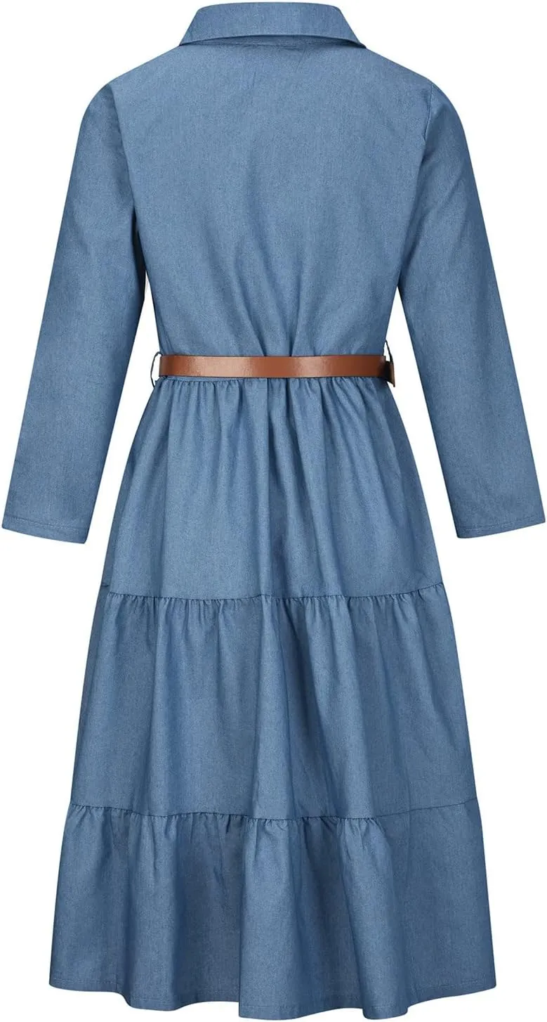 Women's Summer Fall Midi Denim Dresses Long Sleeve Casual Button Dwon Shirt Dress Tiered Ruffle Chic Flowy Jean Dress
