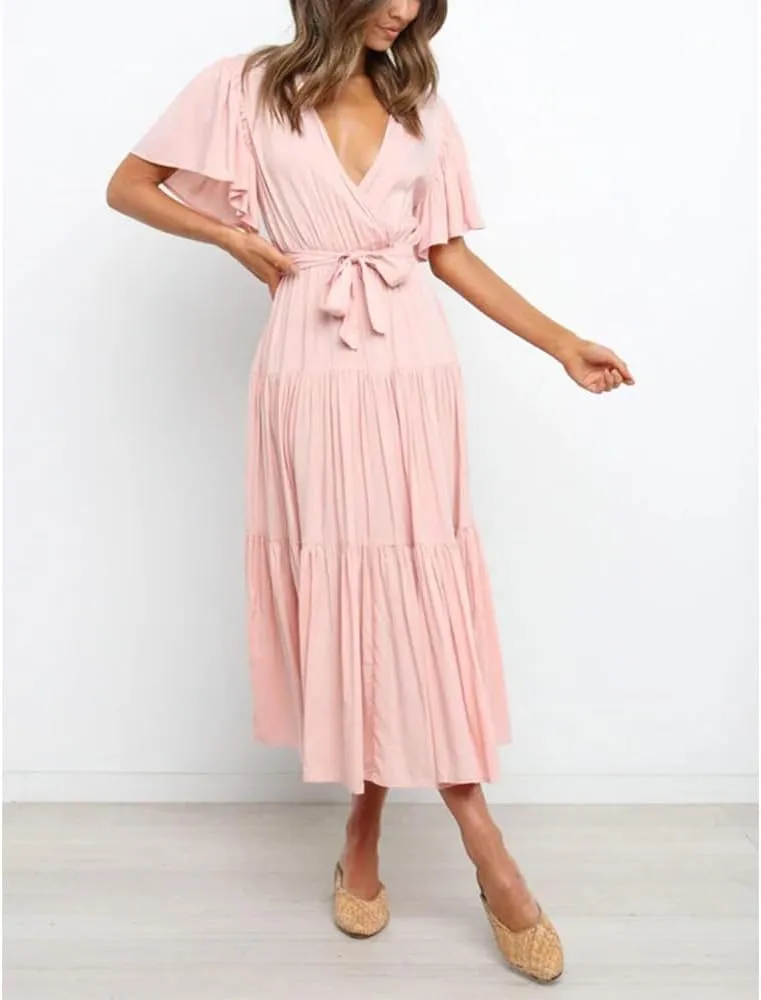 Women's Summer Floral Boho Dress Wrap V Neck Short Sleeve Ruffle A Line Flowy Maxi Wedding Guest Dresses