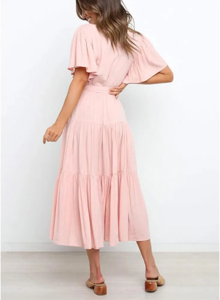Women's Summer Floral Boho Dress Wrap V Neck Short Sleeve Ruffle A Line Flowy Maxi Wedding Guest Dresses