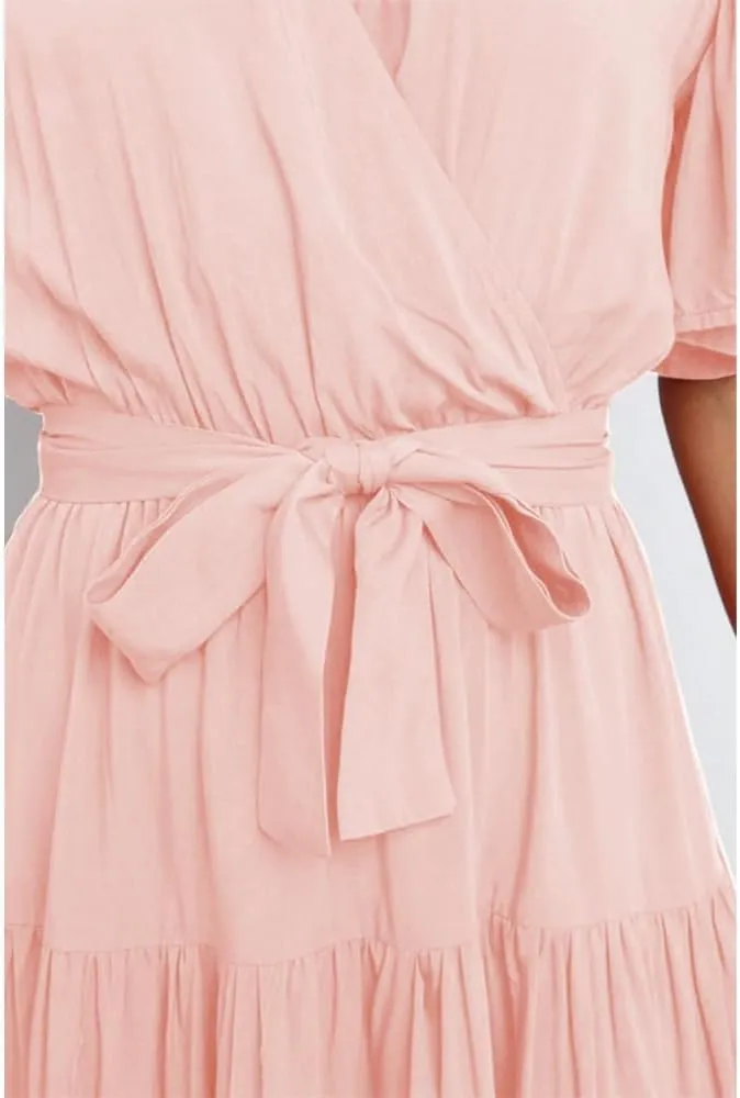 Women's Summer Floral Boho Dress Wrap V Neck Short Sleeve Ruffle A Line Flowy Maxi Wedding Guest Dresses