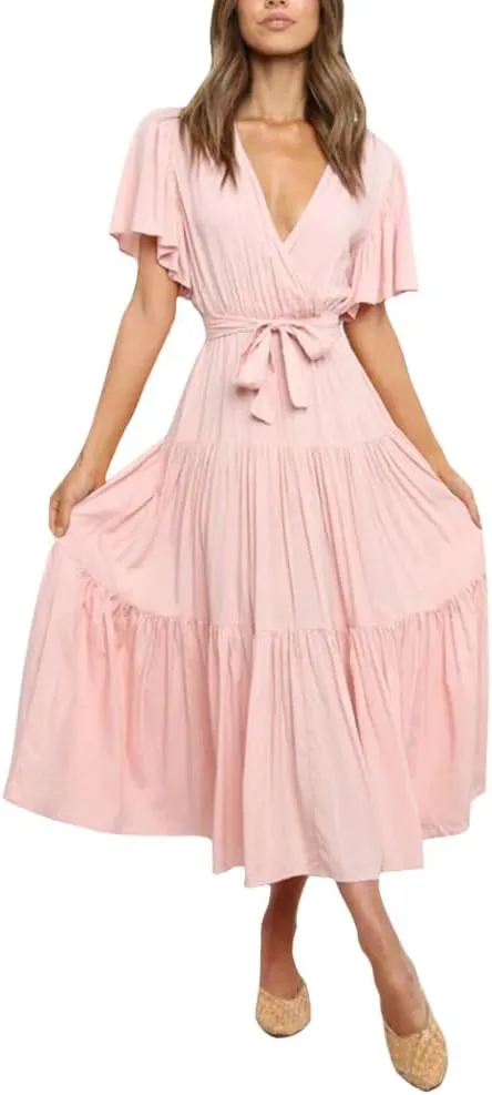 Women's Summer Floral Boho Dress Wrap V Neck Short Sleeve Ruffle A Line Flowy Maxi Wedding Guest Dresses