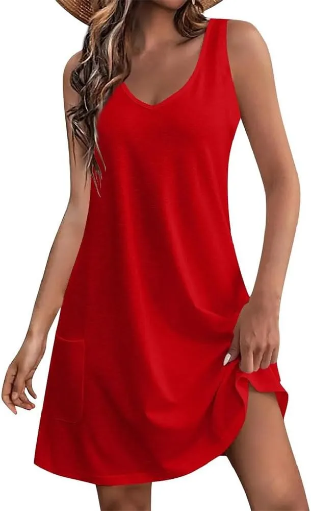 Women's Summer Loose Sexy Dresses Casual V-Neck Sleeveless Flowy Suspender Dress