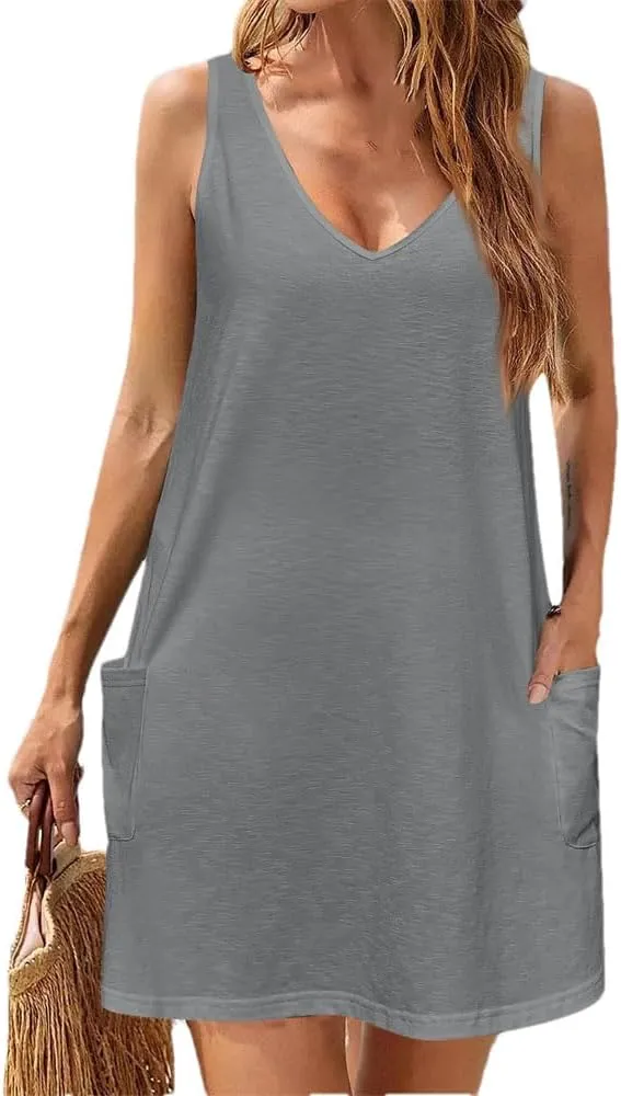 Women's Summer Loose Sexy Dresses Casual V-Neck Sleeveless Flowy Suspender Dress