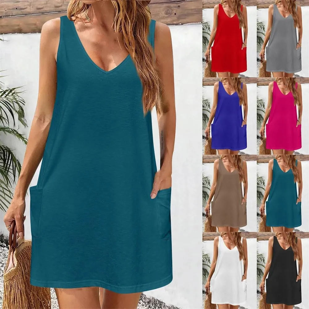 Women's Summer Loose Sexy Dresses Casual V-Neck Sleeveless Flowy Suspender Dress