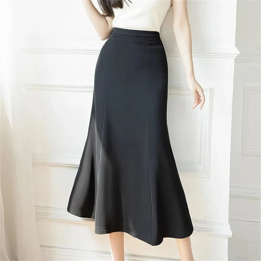 Women's Summer Pencil Skirt Stretch High Waist Work Office Slim Medium Length Fishtail Skirt