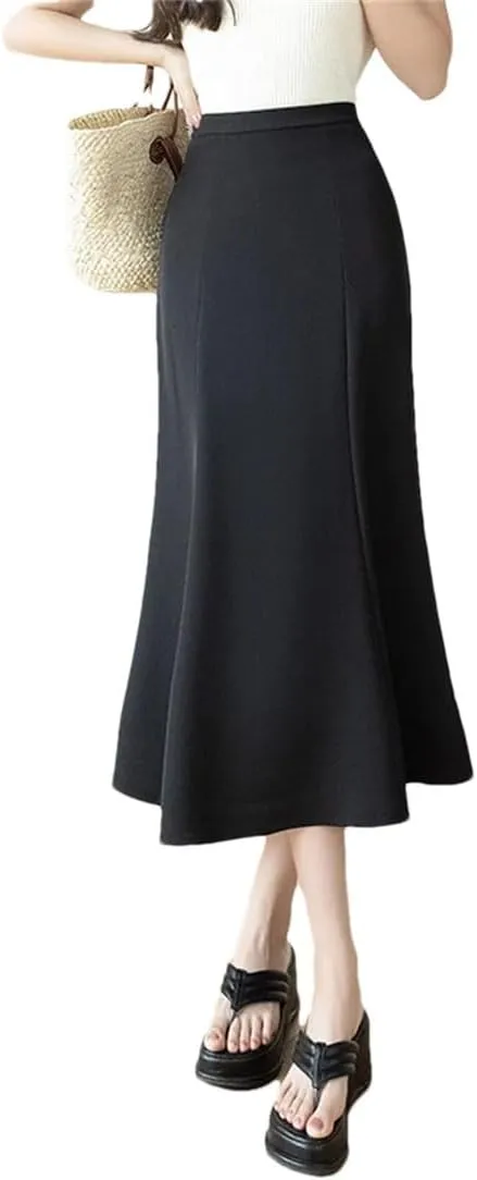 Women's Summer Pencil Skirt Stretch High Waist Work Office Slim Medium Length Fishtail Skirt