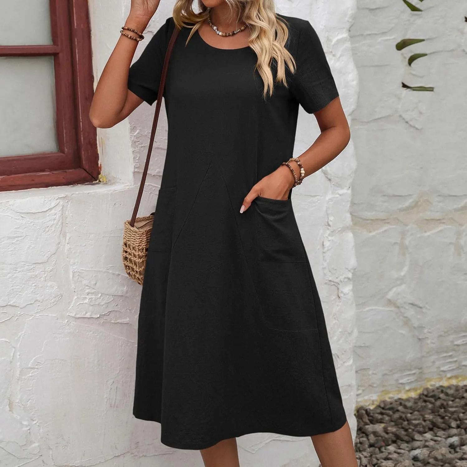 Womens Summer T Shirt Dresses with Pockets Cotton Linen Casual Loose Short Sleeve Tunic Dress Solid Basic Slim Dress