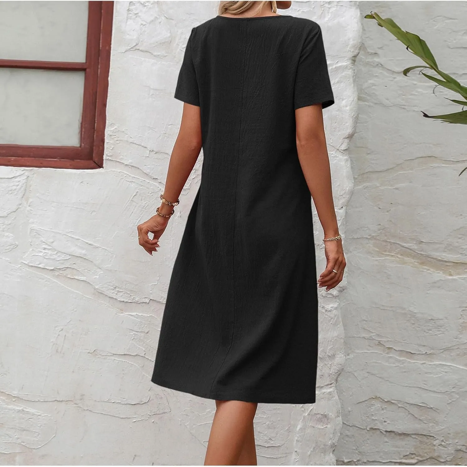 Womens Summer T Shirt Dresses with Pockets Cotton Linen Casual Loose Short Sleeve Tunic Dress Solid Basic Slim Dress