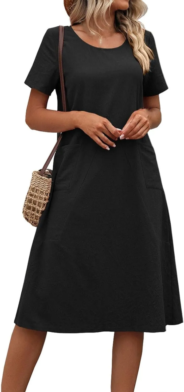 Womens Summer T Shirt Dresses with Pockets Cotton Linen Casual Loose Short Sleeve Tunic Dress Solid Basic Slim Dress
