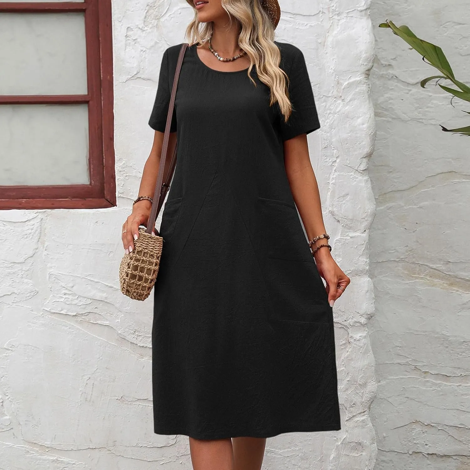 Womens Summer T Shirt Dresses with Pockets Cotton Linen Casual Loose Short Sleeve Tunic Dress Solid Basic Slim Dress