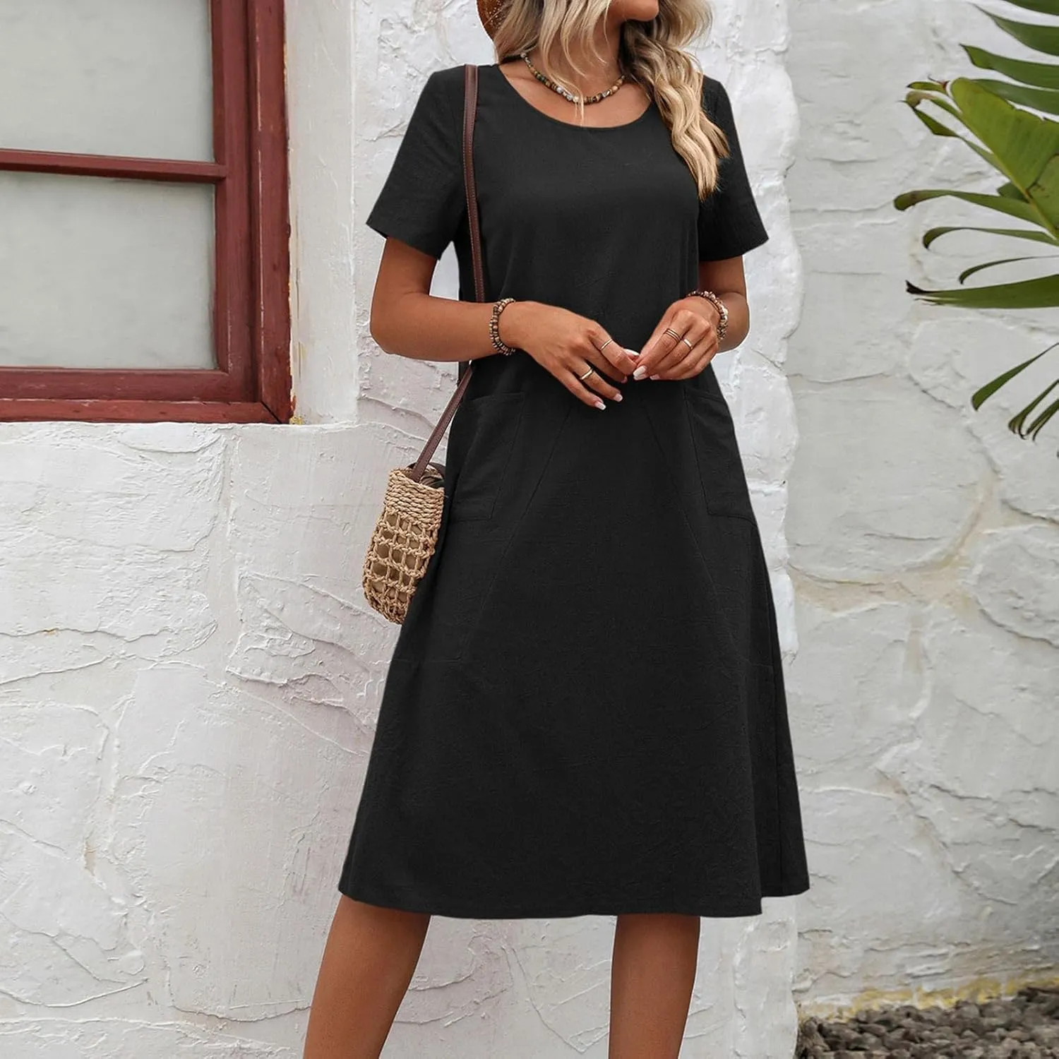 Womens Summer T Shirt Dresses with Pockets Cotton Linen Casual Loose Short Sleeve Tunic Dress Solid Basic Slim Dress