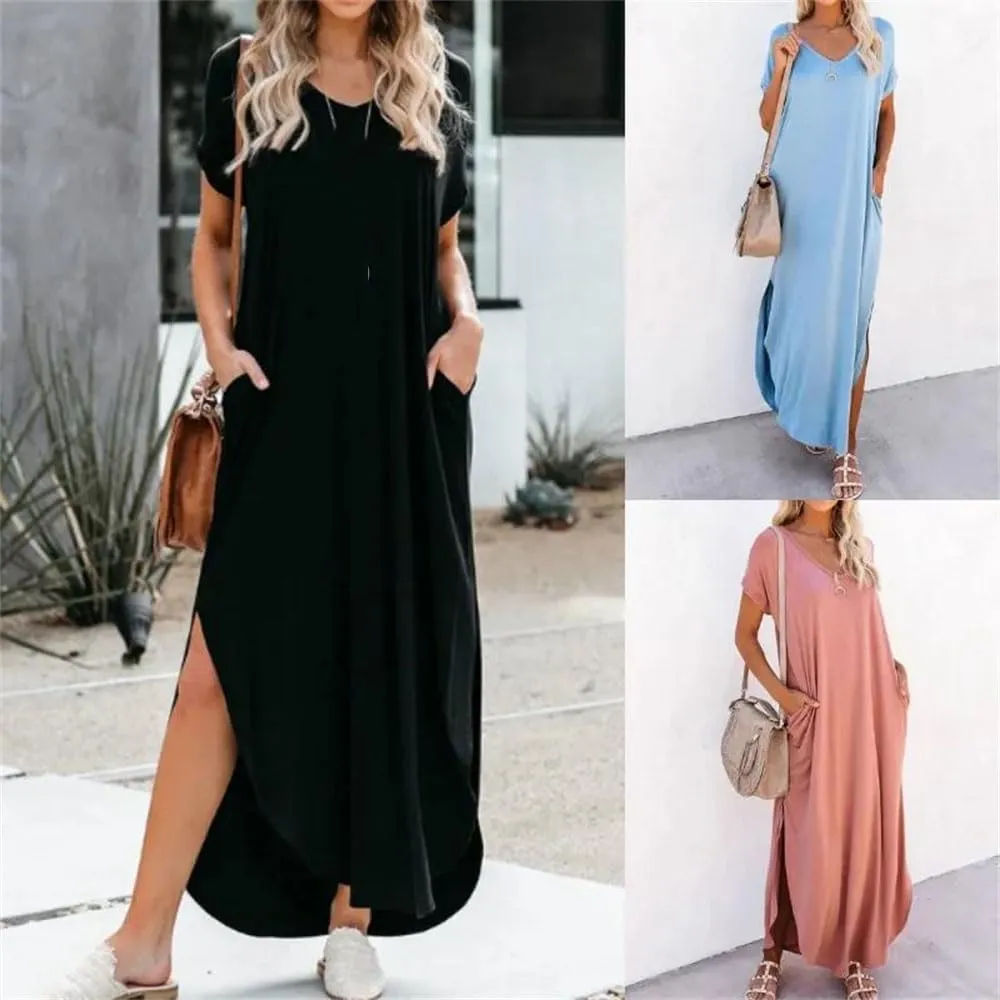 Women's Summer V Neck Lithesome Flowy Dress Solid Short Sleeve Loose Long Beach Dress