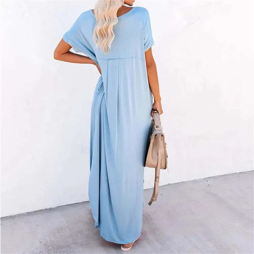 Women's Summer V Neck Lithesome Flowy Dress Solid Short Sleeve Loose Long Beach Dress