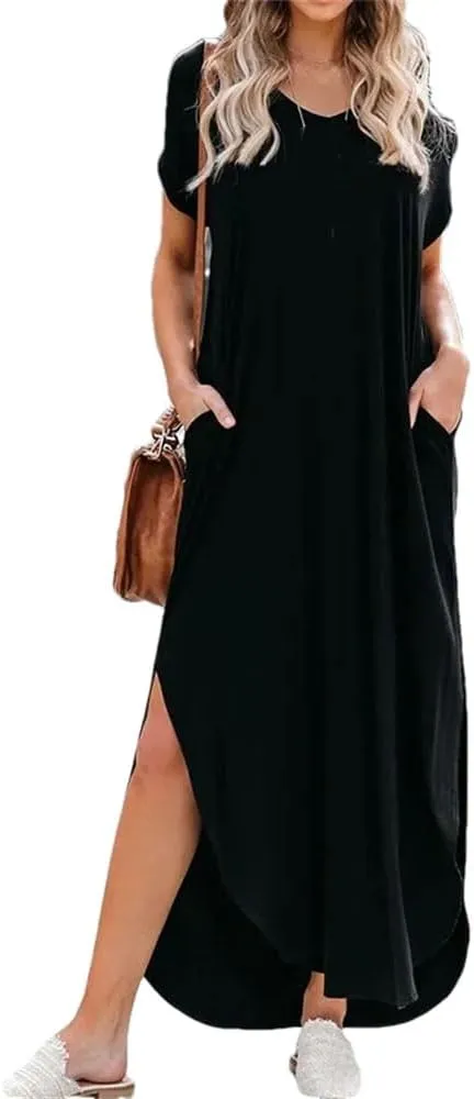 Women's Summer V Neck Lithesome Flowy Dress Solid Short Sleeve Loose Long Beach Dress