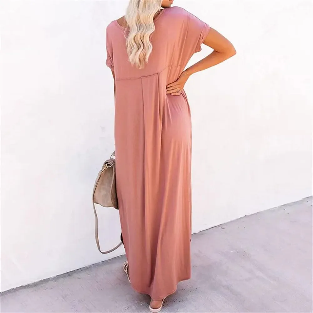 Women's Summer V Neck Lithesome Flowy Dress Solid Short Sleeve Loose Long Beach Dress