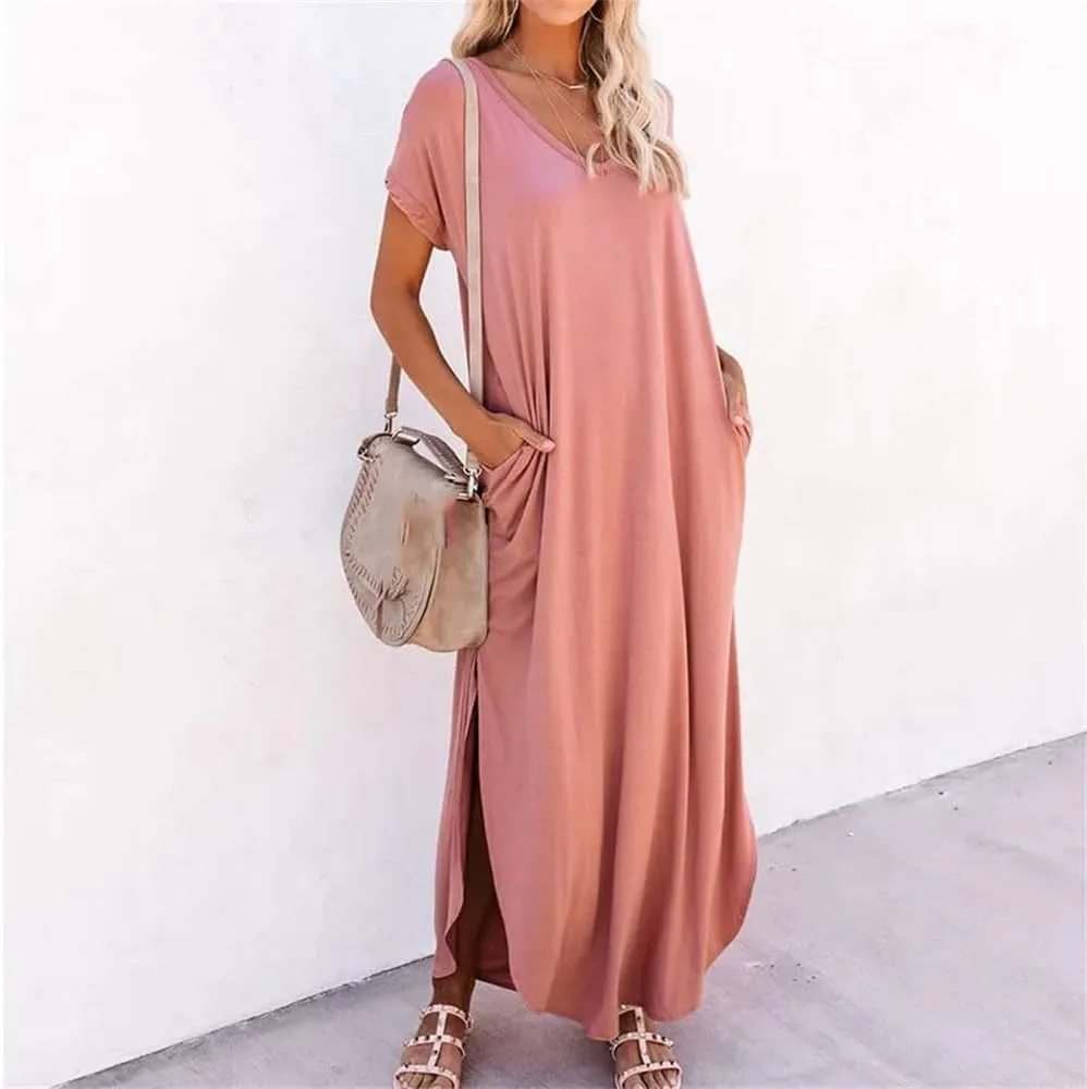 Women's Summer V Neck Lithesome Flowy Dress Solid Short Sleeve Loose Long Beach Dress