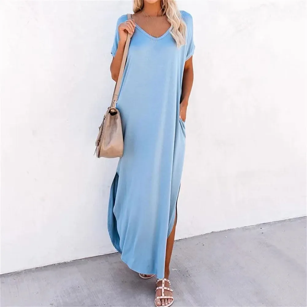 Women's Summer V Neck Lithesome Flowy Dress Solid Short Sleeve Loose Long Beach Dress