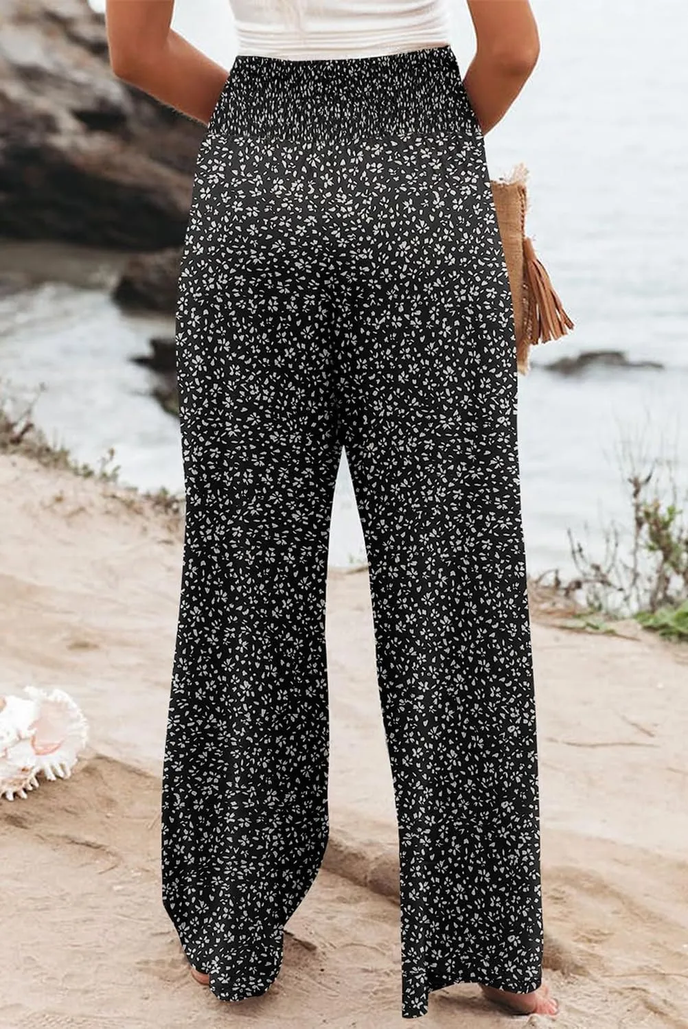 Womens Wide Leg Palazzo Dress Pants Elastic High Waisted Lounge Long Flowy Trousers Pant with Pocket