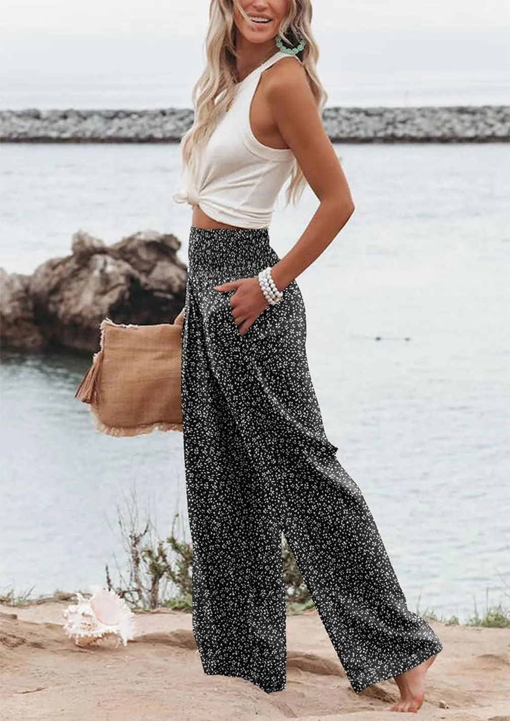 Womens Wide Leg Palazzo Dress Pants Elastic High Waisted Lounge Long Flowy Trousers Pant with Pocket