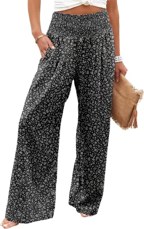 Womens Wide Leg Palazzo Dress Pants Elastic High Waisted Lounge Long Flowy Trousers Pant with Pocket