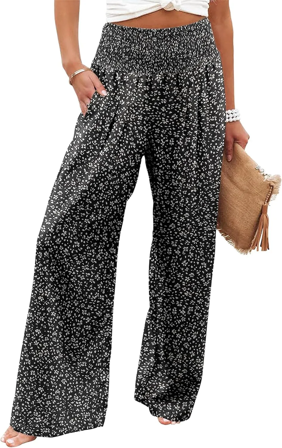 Womens Wide Leg Palazzo Dress Pants Elastic High Waisted Lounge Long Flowy Trousers Pant with Pocket