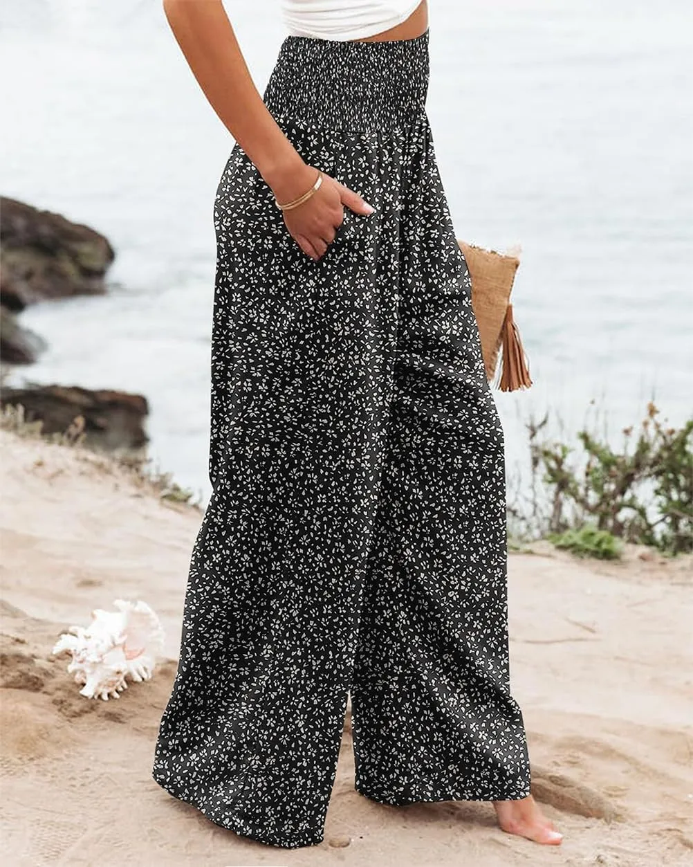 Womens Wide Leg Palazzo Dress Pants Elastic High Waisted Lounge Long Flowy Trousers Pant with Pocket