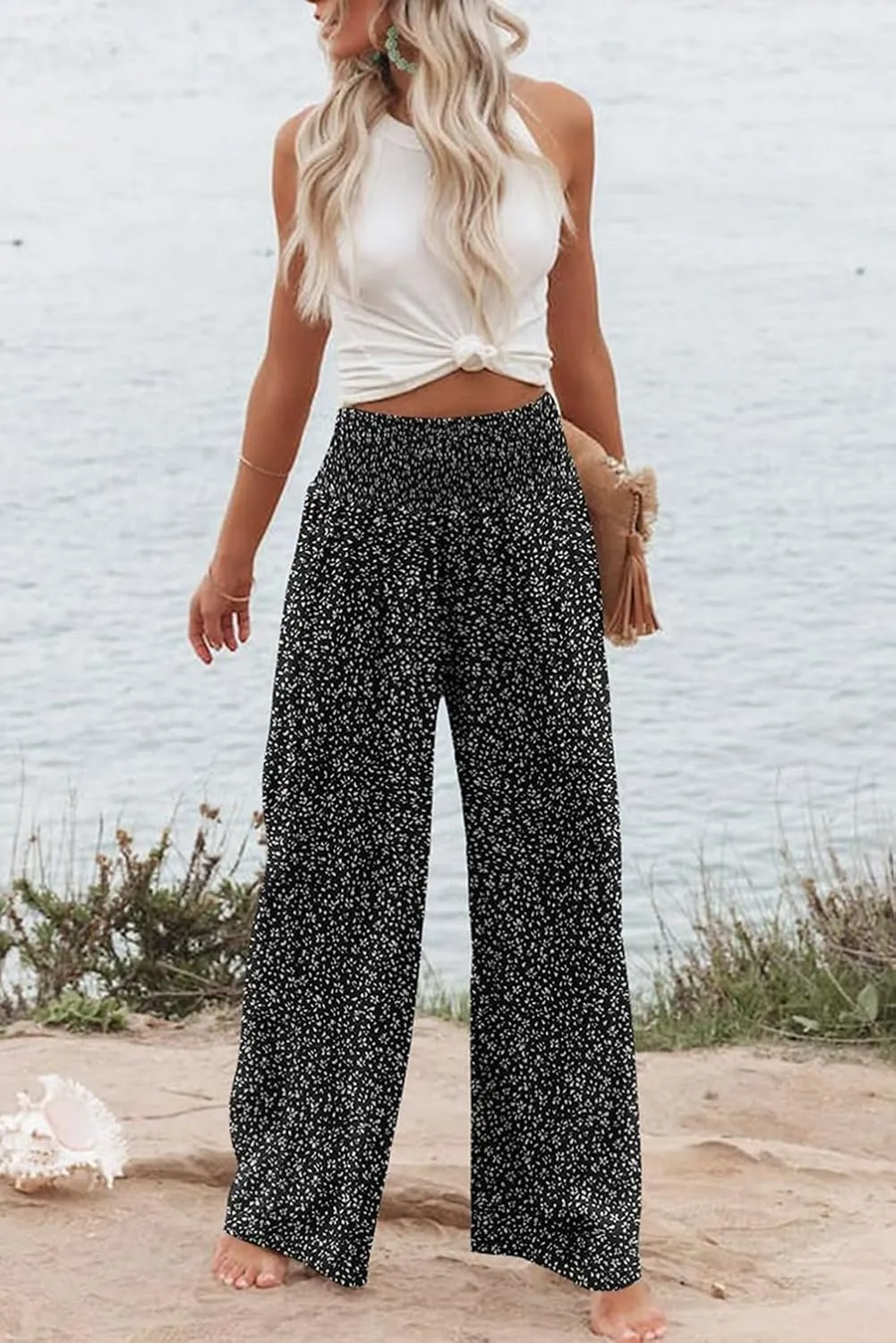 Womens Wide Leg Palazzo Dress Pants Elastic High Waisted Lounge Long Flowy Trousers Pant with Pocket