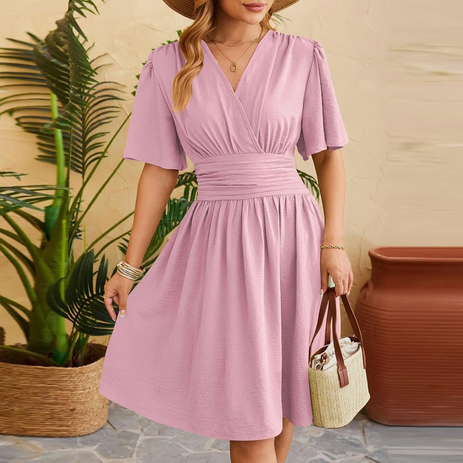 Women's Wrap V-Neck Midi Dress Ruffle Short Sleeve Boho Summer Beach Dress Flowy Pleated Wedding Guest Dresses