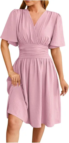Women's Wrap V-Neck Midi Dress Ruffle Short Sleeve Boho Summer Beach Dress Flowy Pleated Wedding Guest Dresses