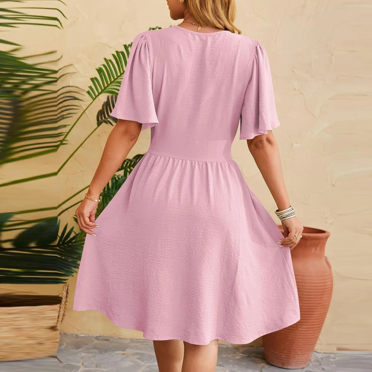Women's Wrap V-Neck Midi Dress Ruffle Short Sleeve Boho Summer Beach Dress Flowy Pleated Wedding Guest Dresses