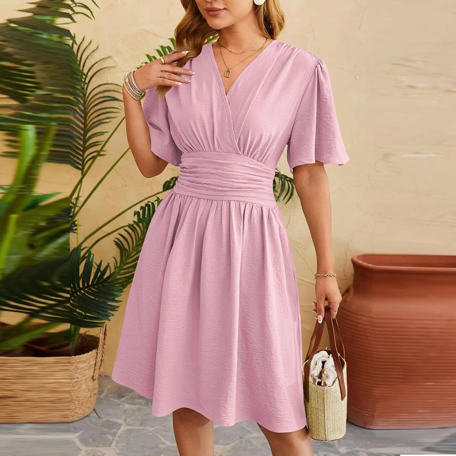 Women's Wrap V-Neck Midi Dress Ruffle Short Sleeve Boho Summer Beach Dress Flowy Pleated Wedding Guest Dresses