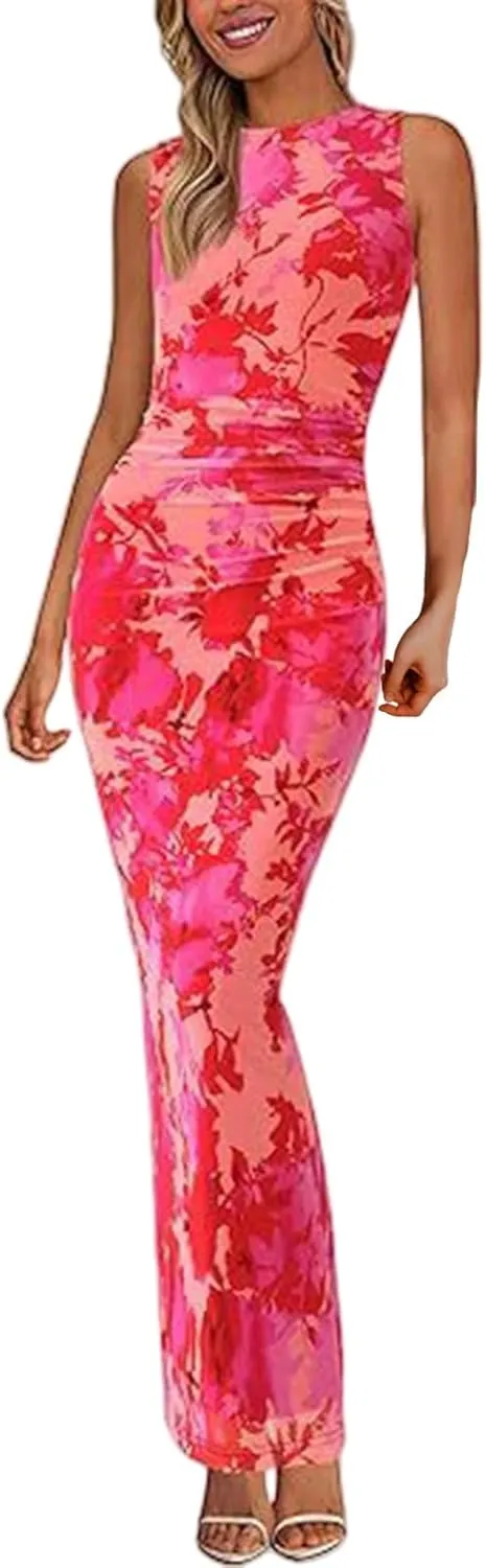 XOWRTE Women's Bodycon Maxi Dress Fall Spring Fashion Sleeveless Floral Print Tight Fitted Party Club Ruched Tank Dresses