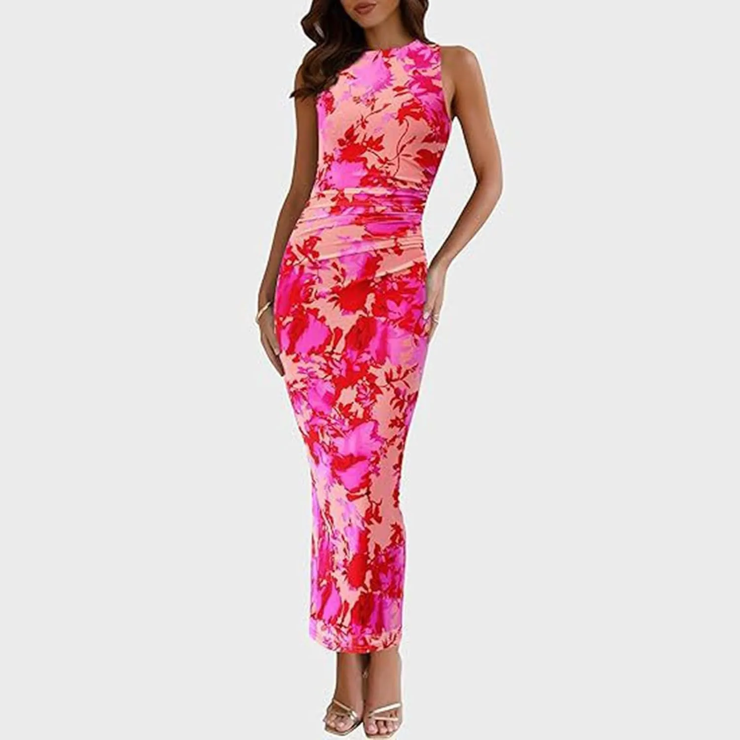 XOWRTE Women's Bodycon Maxi Dress Fall Spring Fashion Sleeveless Floral Print Tight Fitted Party Club Ruched Tank Dresses