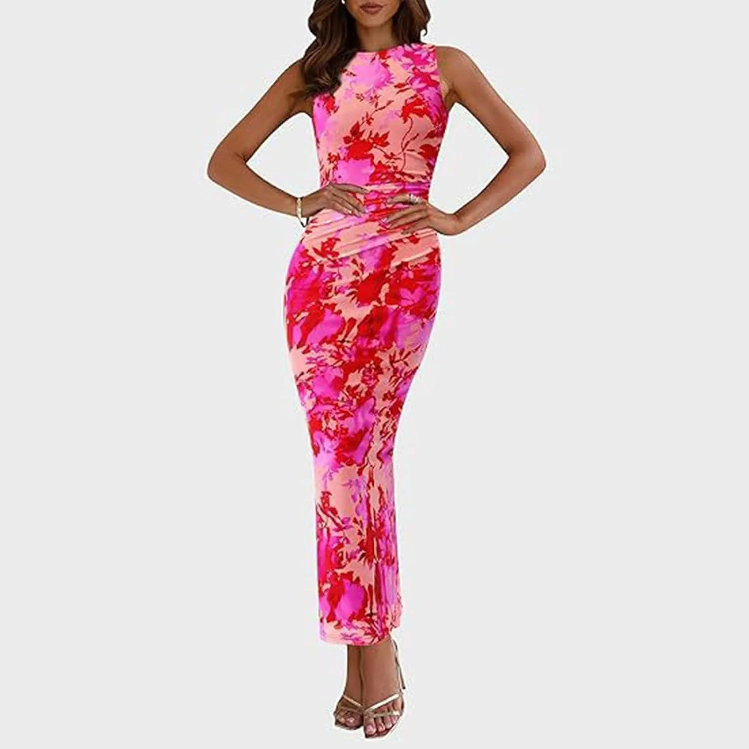XOWRTE Women's Bodycon Maxi Dress Fall Spring Fashion Sleeveless Floral Print Tight Fitted Party Club Ruched Tank Dresses