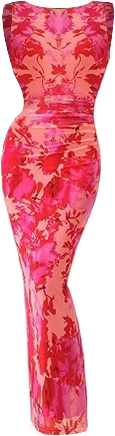 XOWRTE Women's Bodycon Maxi Dress Fall Spring Fashion Sleeveless Floral Print Tight Fitted Party Club Ruched Tank Dresses