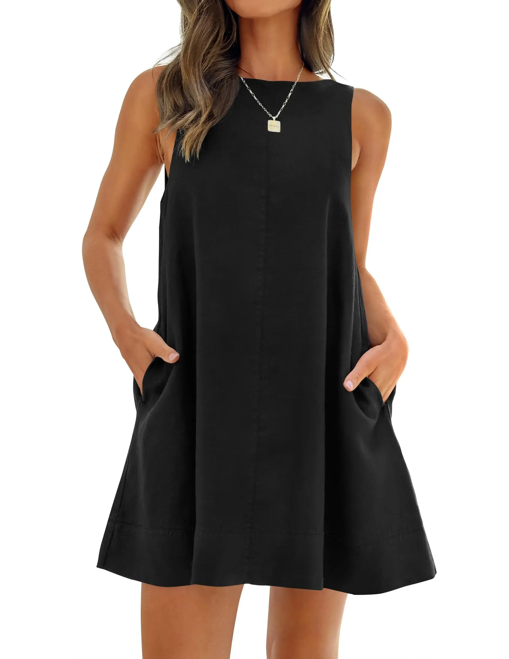 ZESICA Crew Neck Backless Sleeveless Tunic Mini Dress